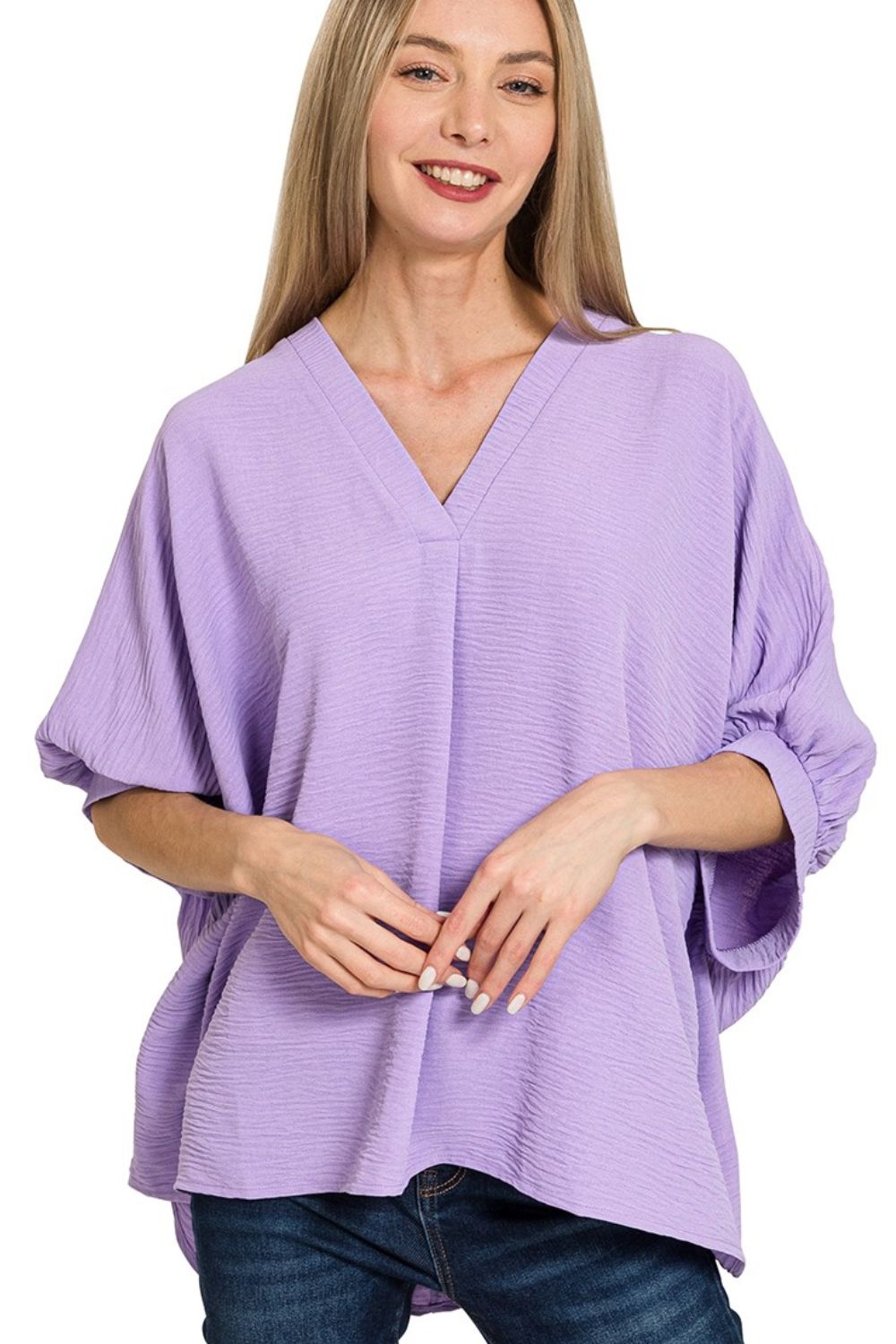 Woven Airflow V-neck Puff Half Sleeve Top