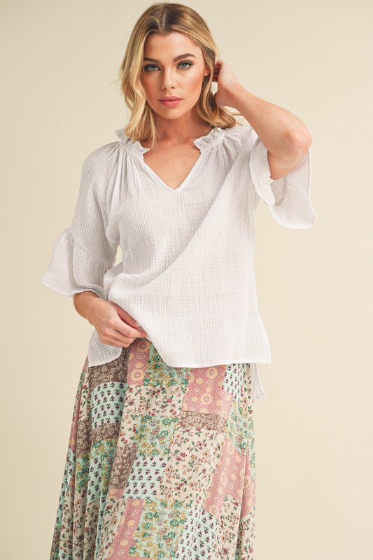 Side Slit Notched Ruffled Half Sleeve Blouse