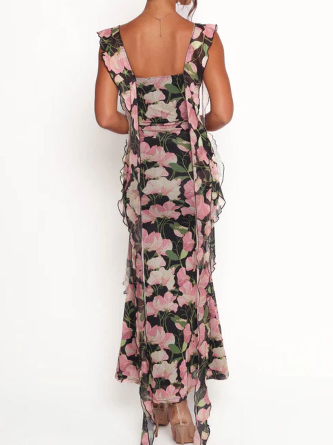 Floral Print Ruffle Trim Bodycon Maxi Dress