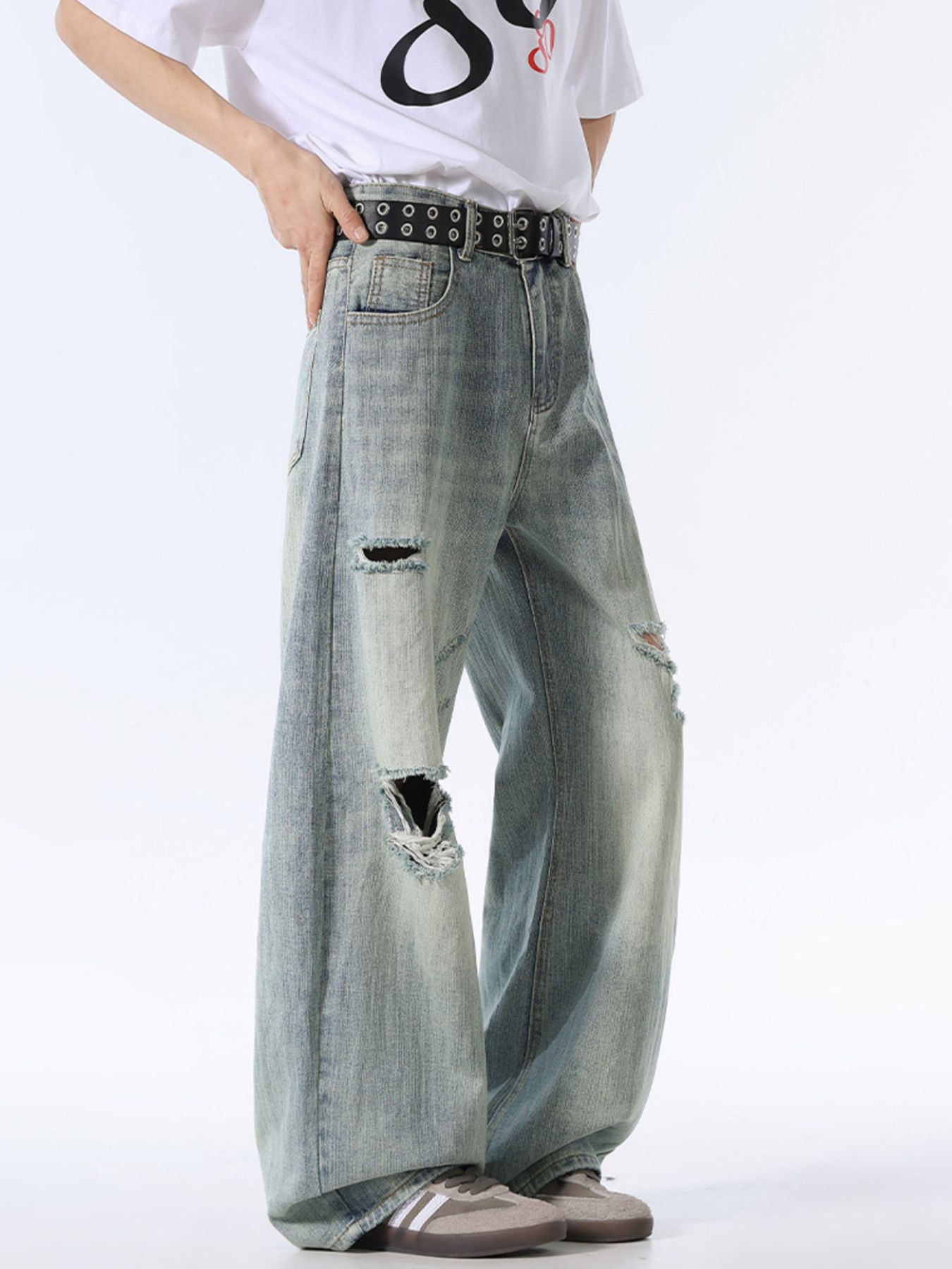 Men's Wash Distressed Wide Leg Jeans