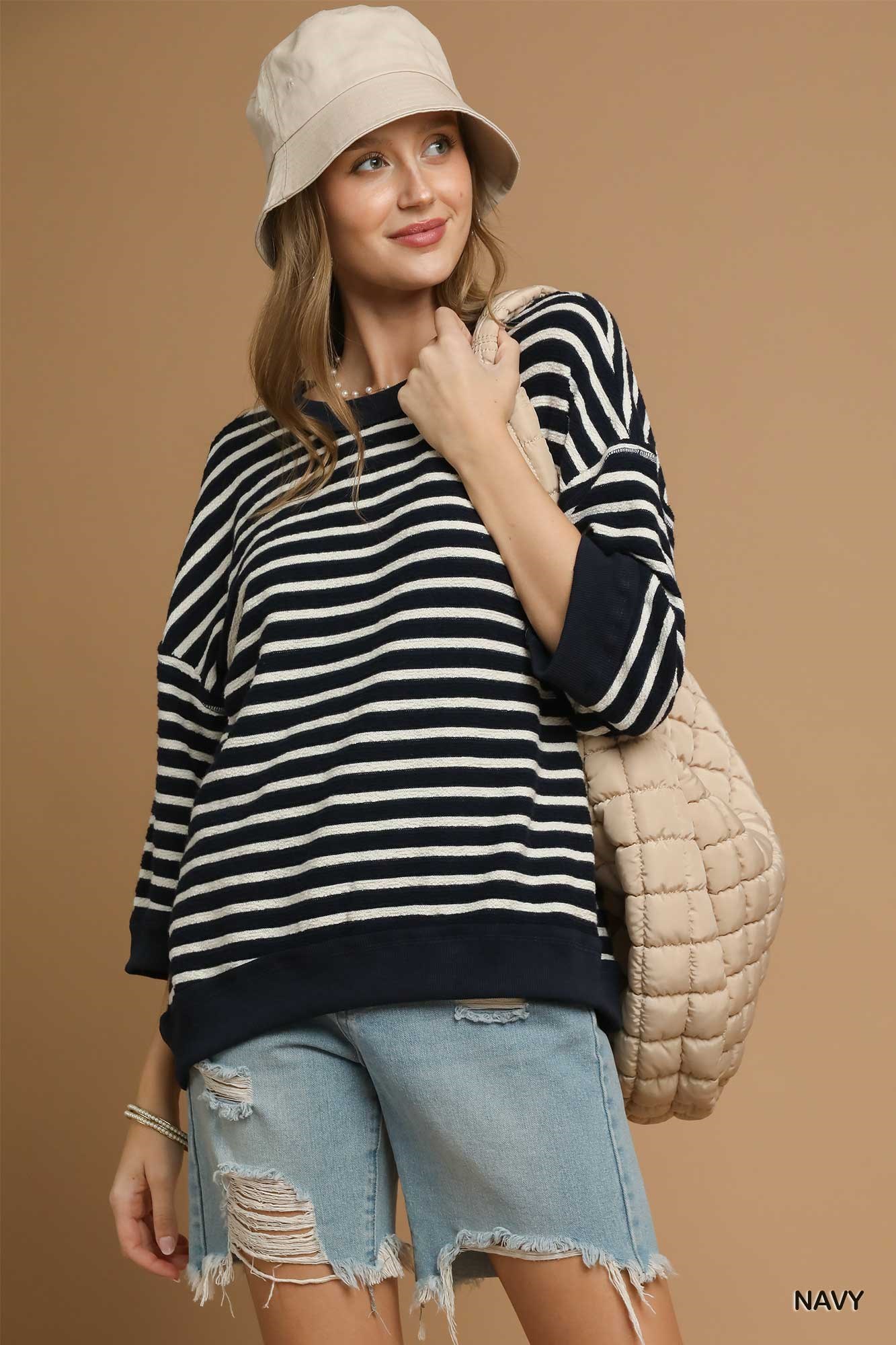 Umgee Ribbed Hem Striped Oversized Knit Top