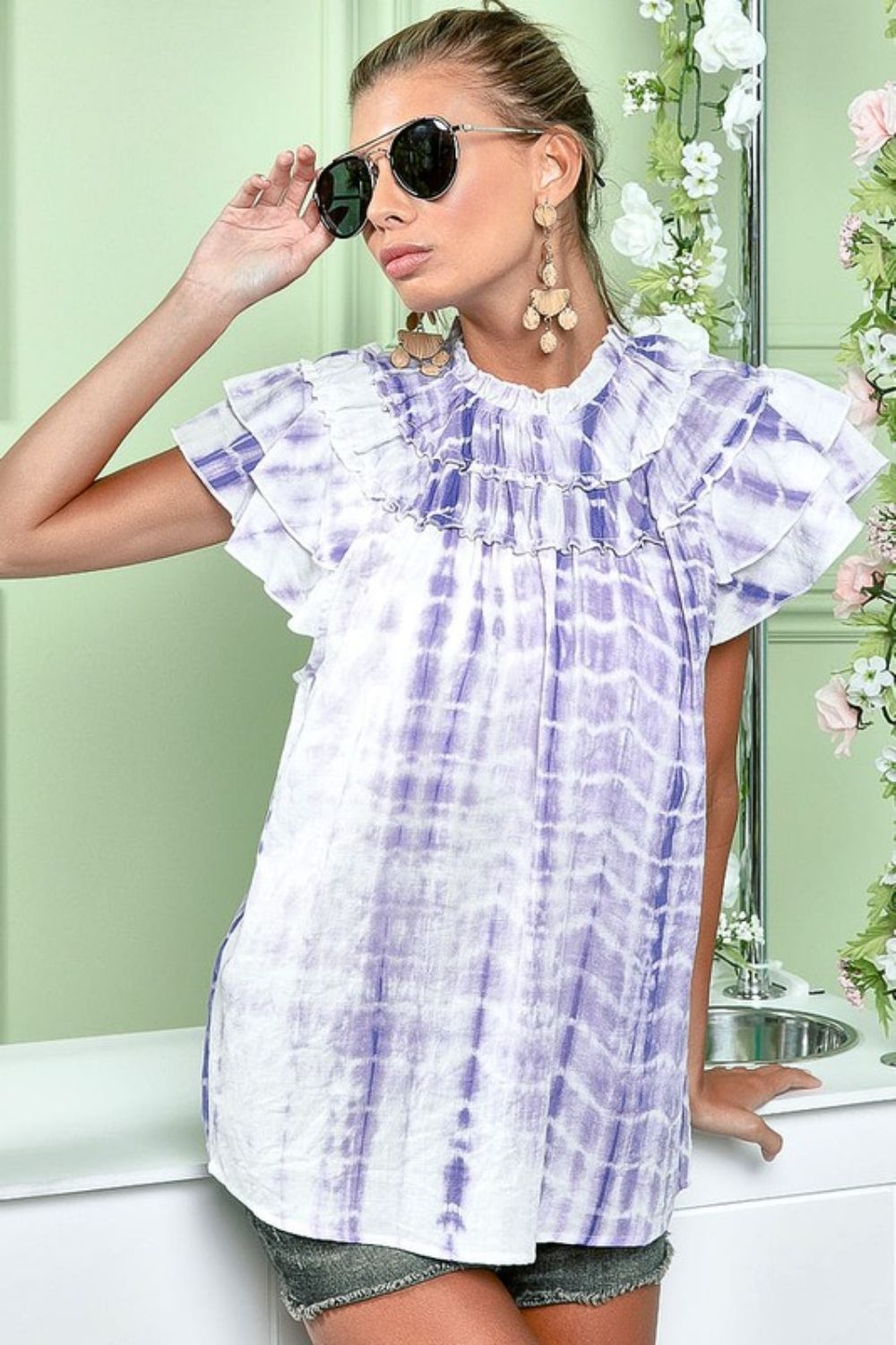 Tiered Ruffle Neck Tie Dye Top