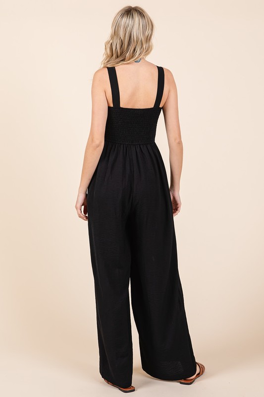 Smocked Wide Strap Wide Leg Overalls