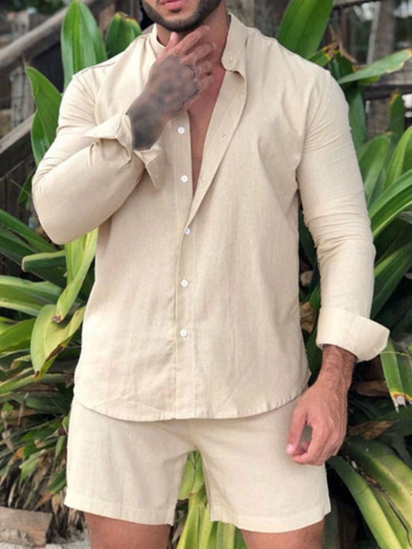 Men's Full Size Button Up Long Sleeve Shirt and Shorts Set Plus Size