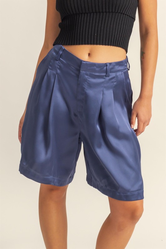 High-Waist Pleated Satin Shorts