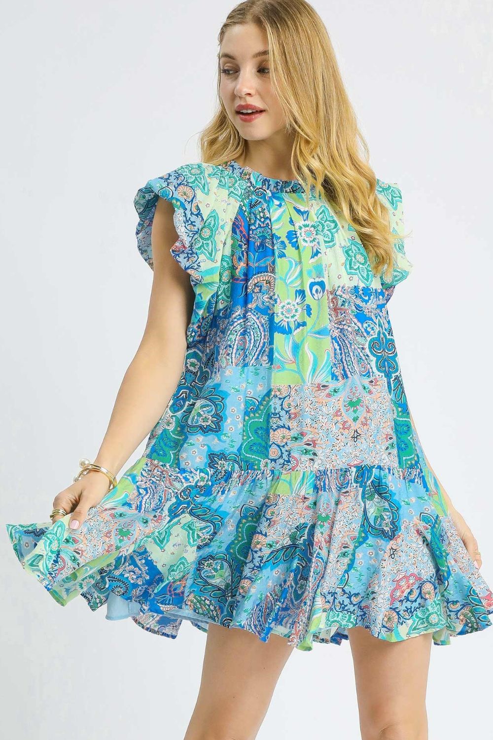 Umgee Printed Ruffle Cap Sleeve Mini Dress