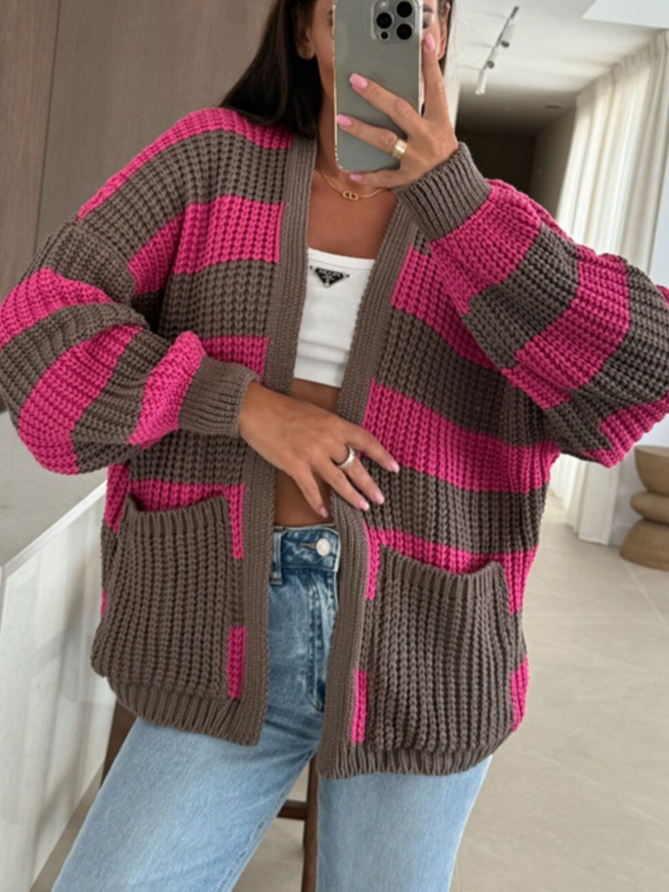 Striped Open Front Long Sleeve Cardigan