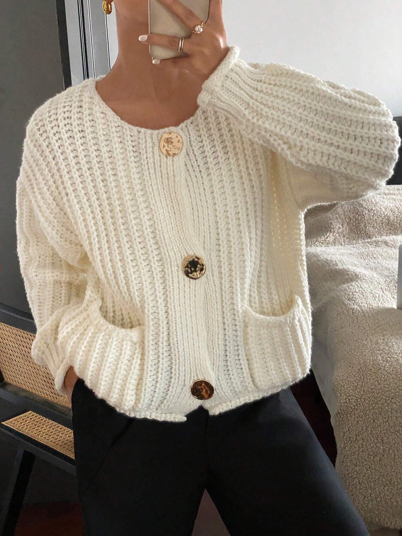 Button-Front Knit Cardigan with Pockets
