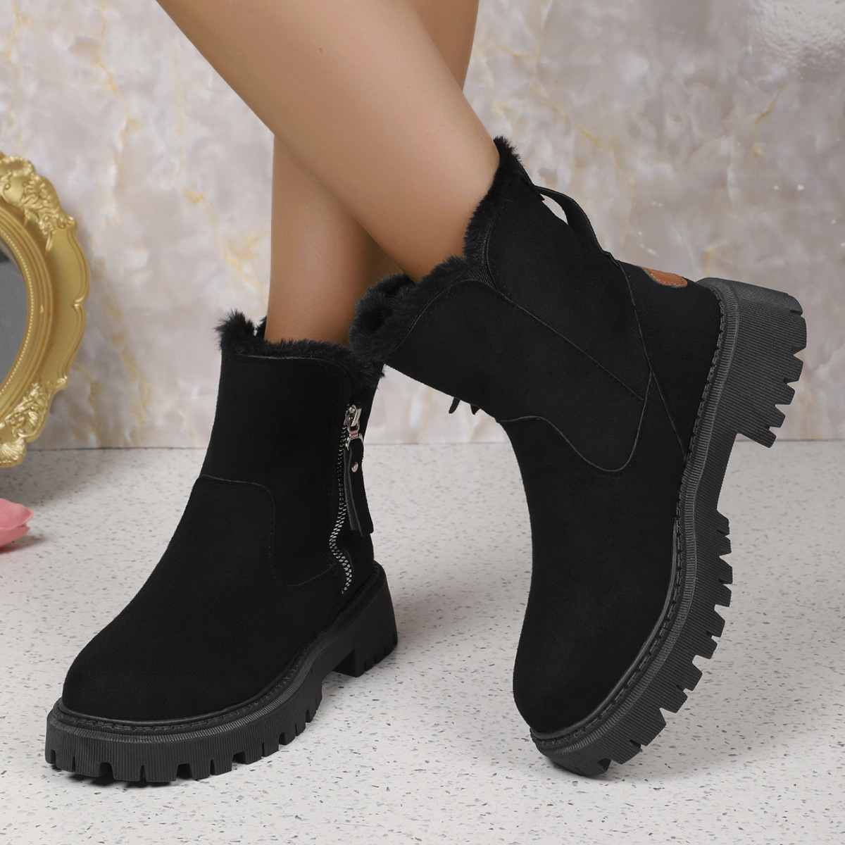 Fuzzy Lined Ankle Boots with Zipper