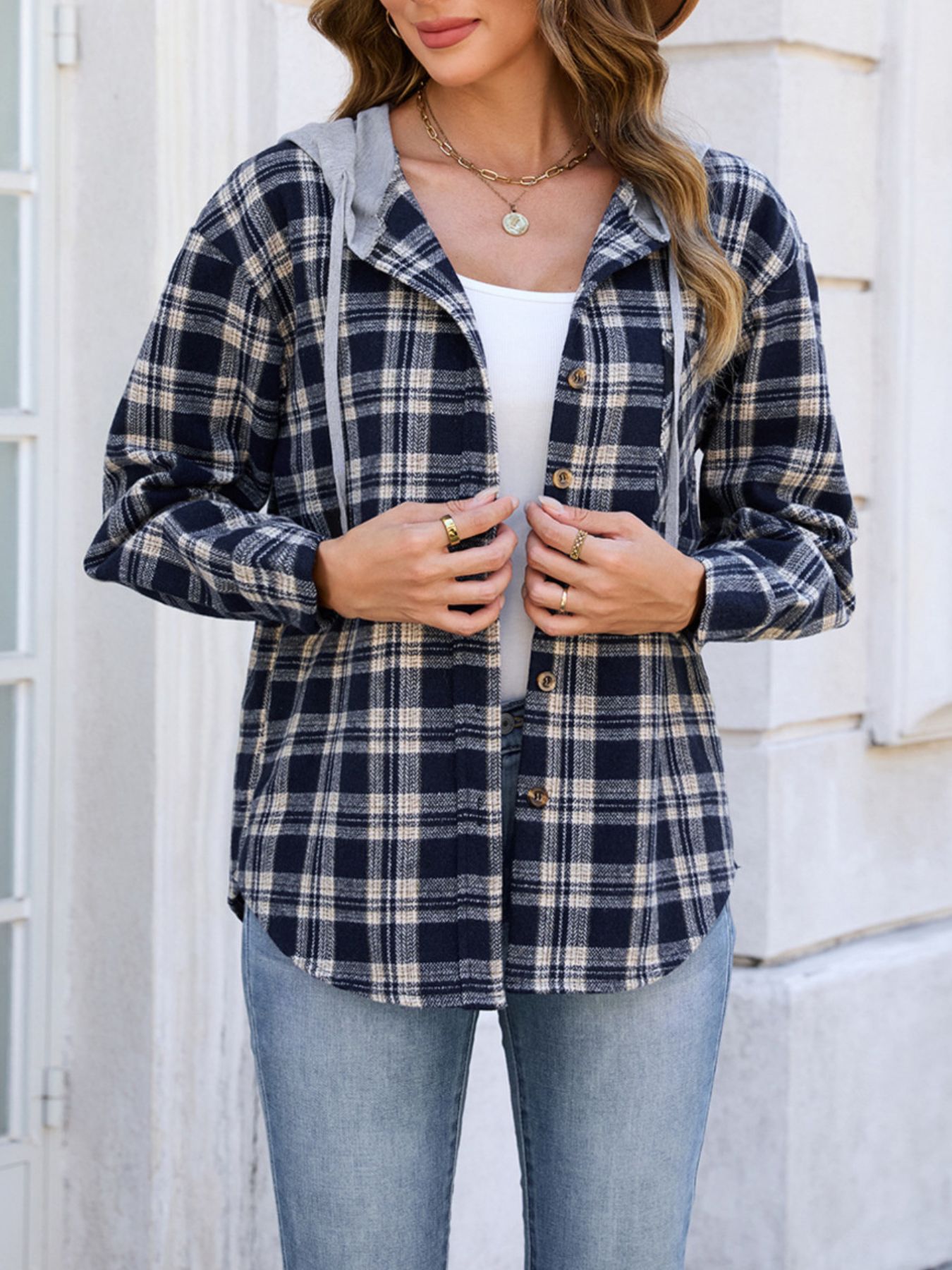 Hooded Plaid Button-Up Shacket