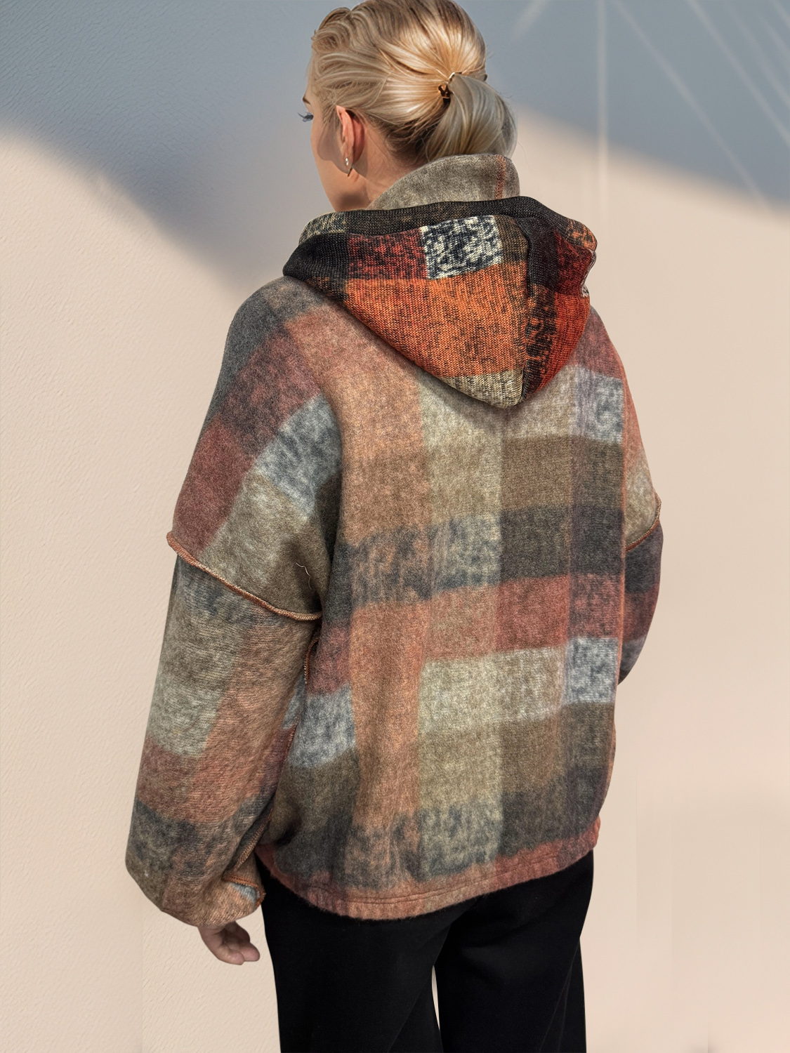 Full Size Half Zip Exposed Seam Fleece Hoodie