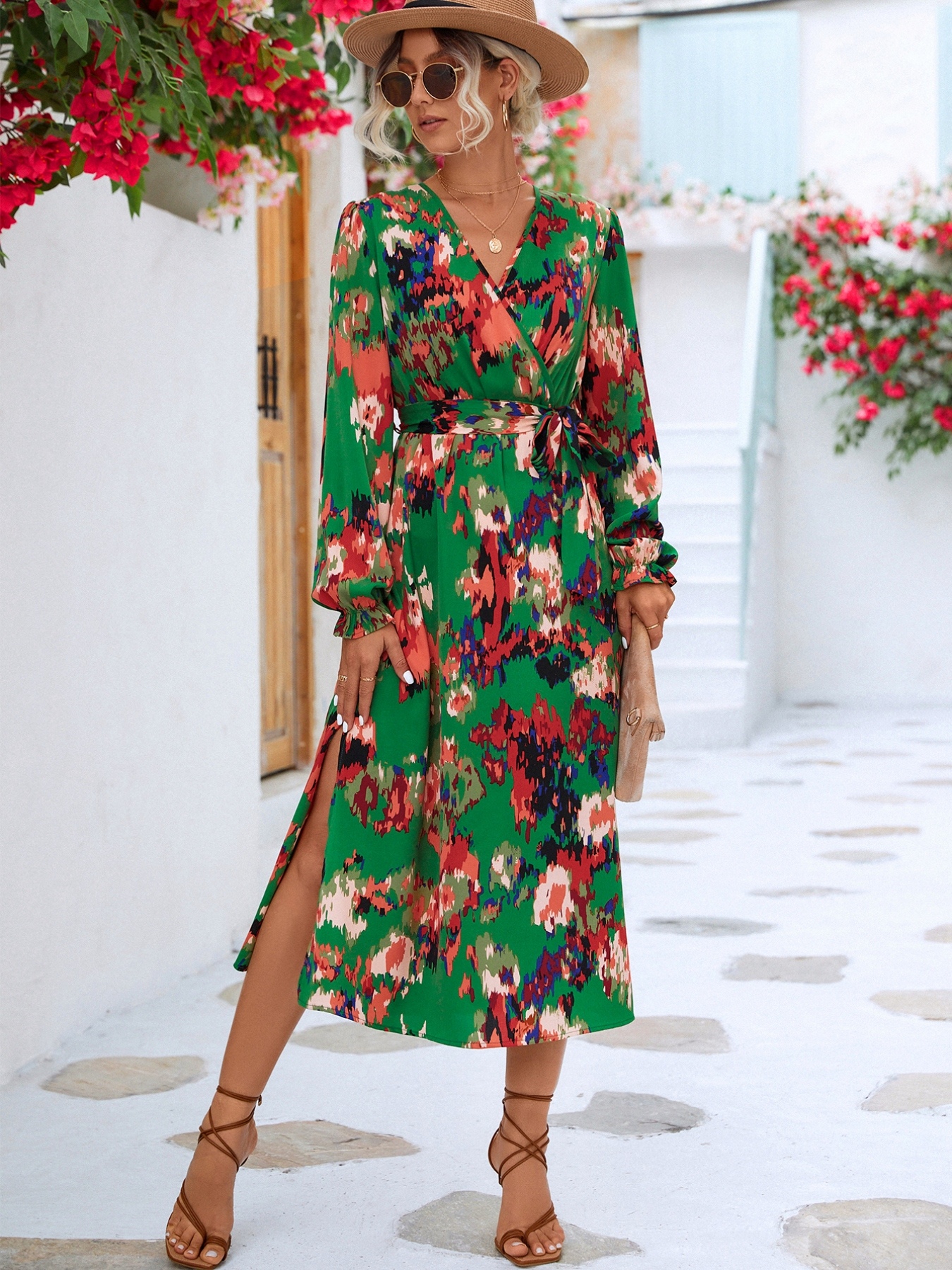 Printed Surplice Long Sleeve Midi Dress