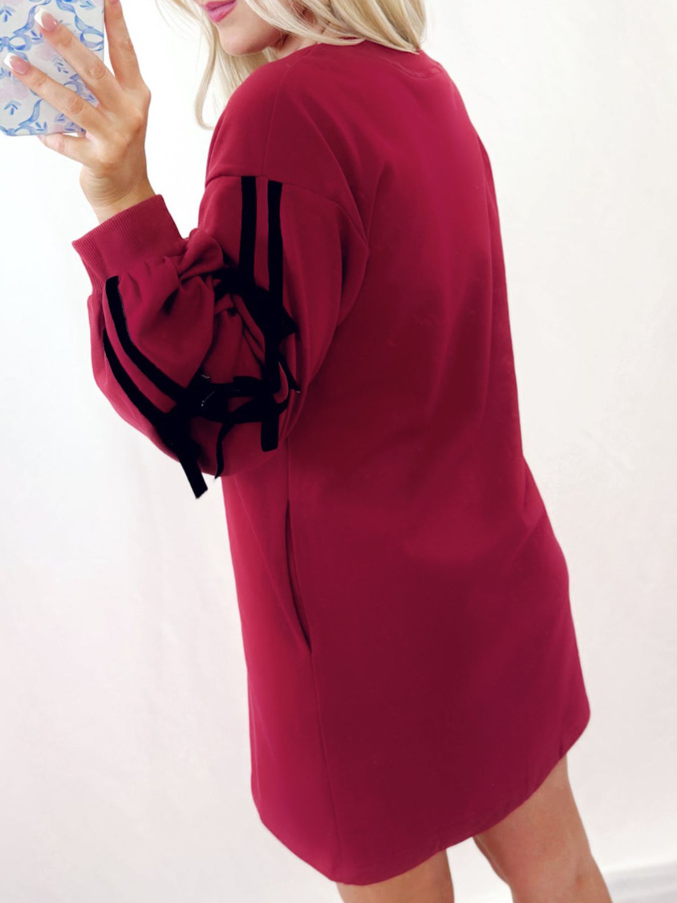 Contrast Striped Bow Detail Drop Shoulder Sweatshirt Dress with Pockets