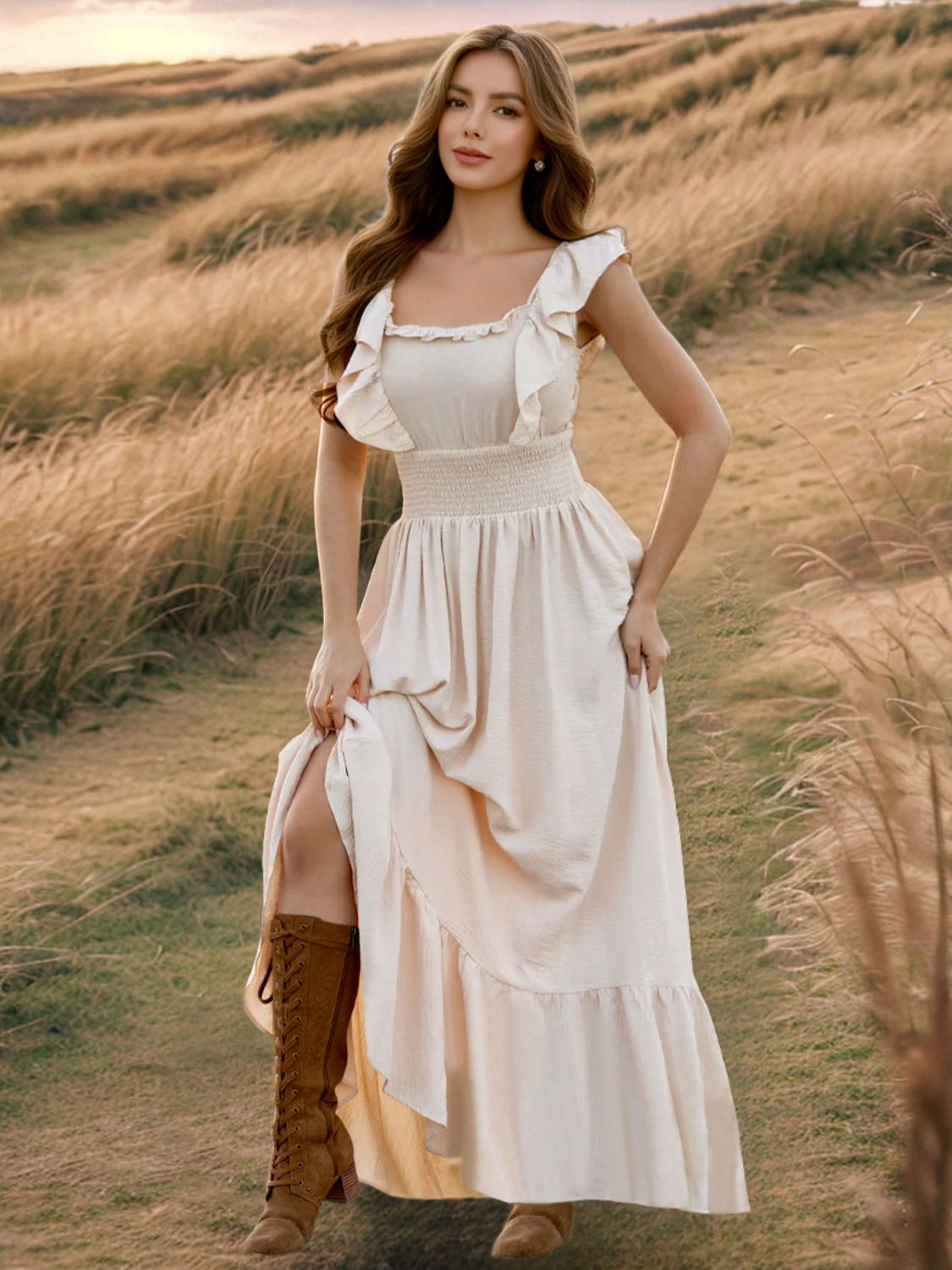 Ruffled Smocked Square Neck Maxi Dress