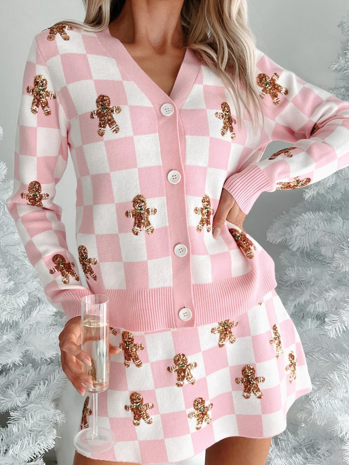 Gingerbread Checkered Cardigan and Skirt Sweater Set