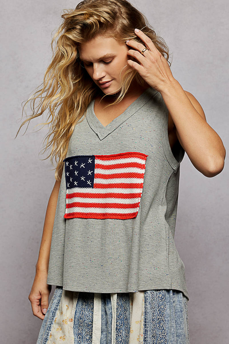 V-Neck Ribbed Tank with American Flag Patch and Star Back Patch