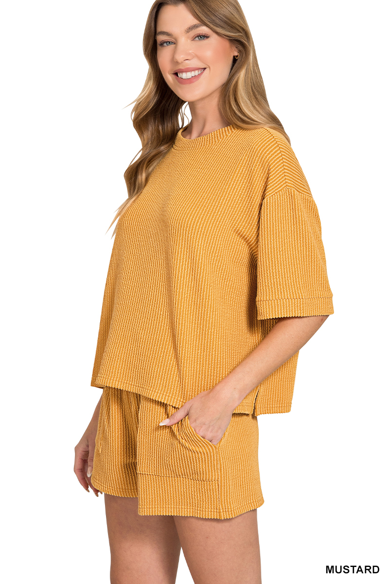 Raised Rib Short Sleeve Tee and Drawstring Shorts Set