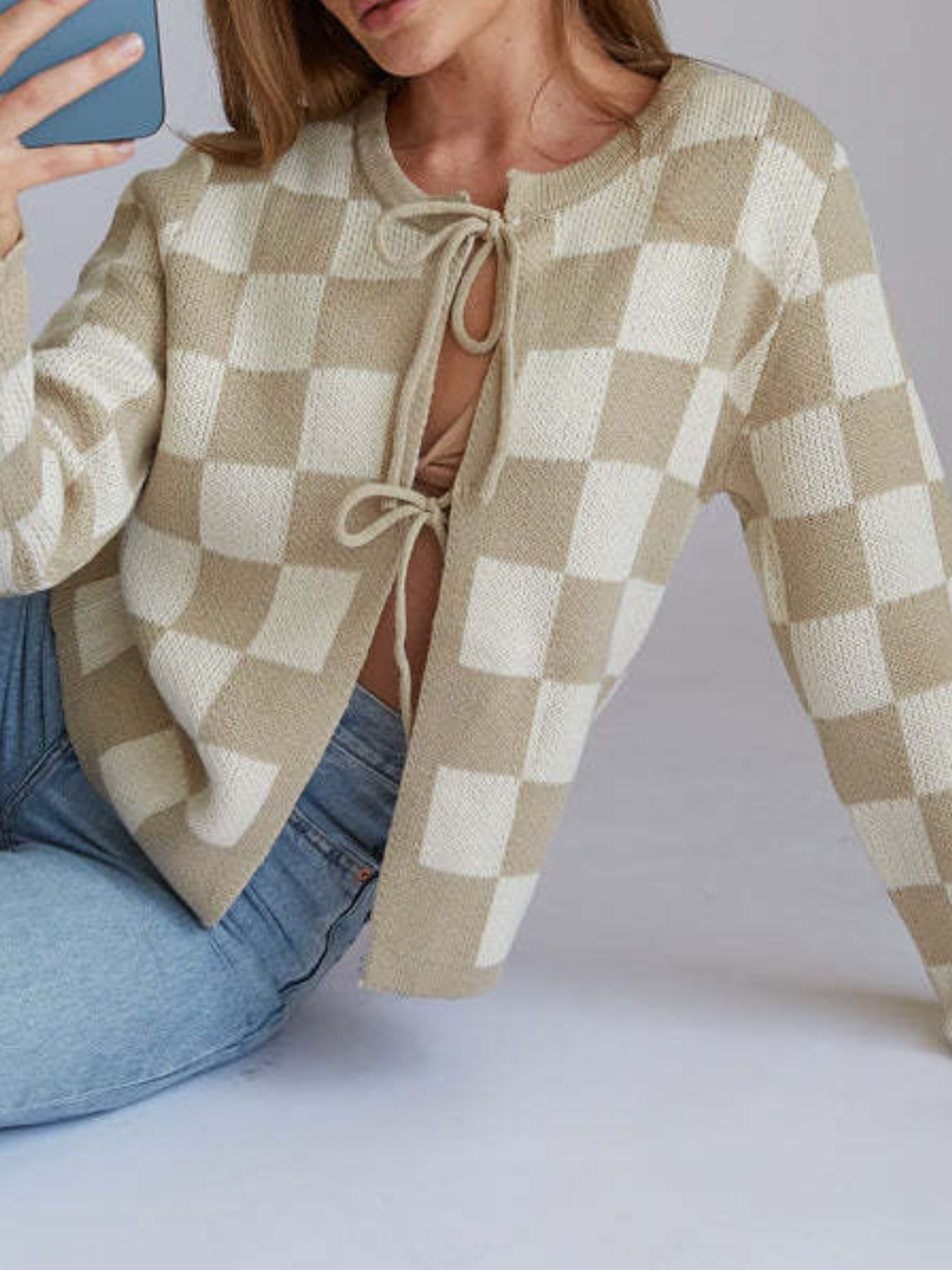 Checkered Tie-Front Cropped Cardigan
