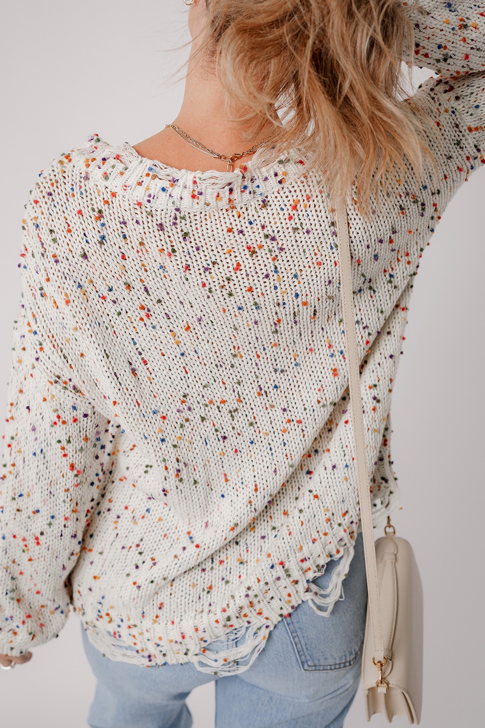 Confetti Distressed Hem Long Sleeve Sweater