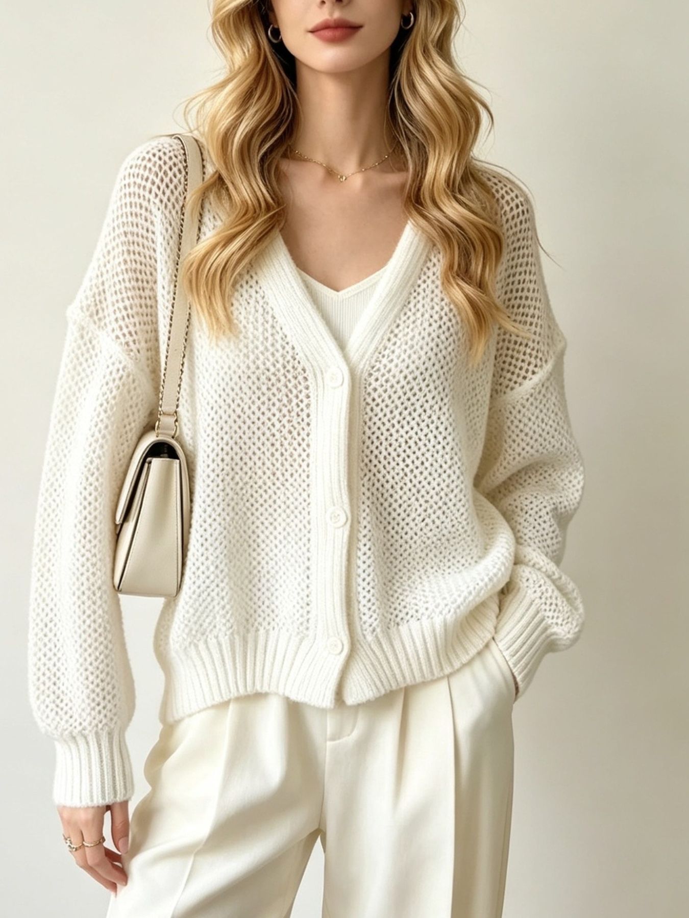 V-Neck Open-Knit Button-Down Cardigan
