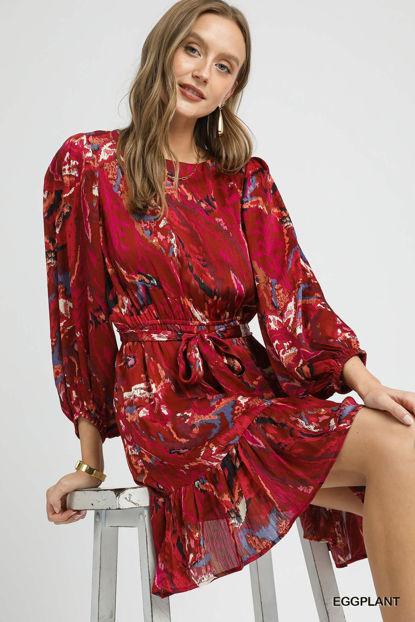 Umgee Ruffled Hem Printed Balloon Sleeve Dress