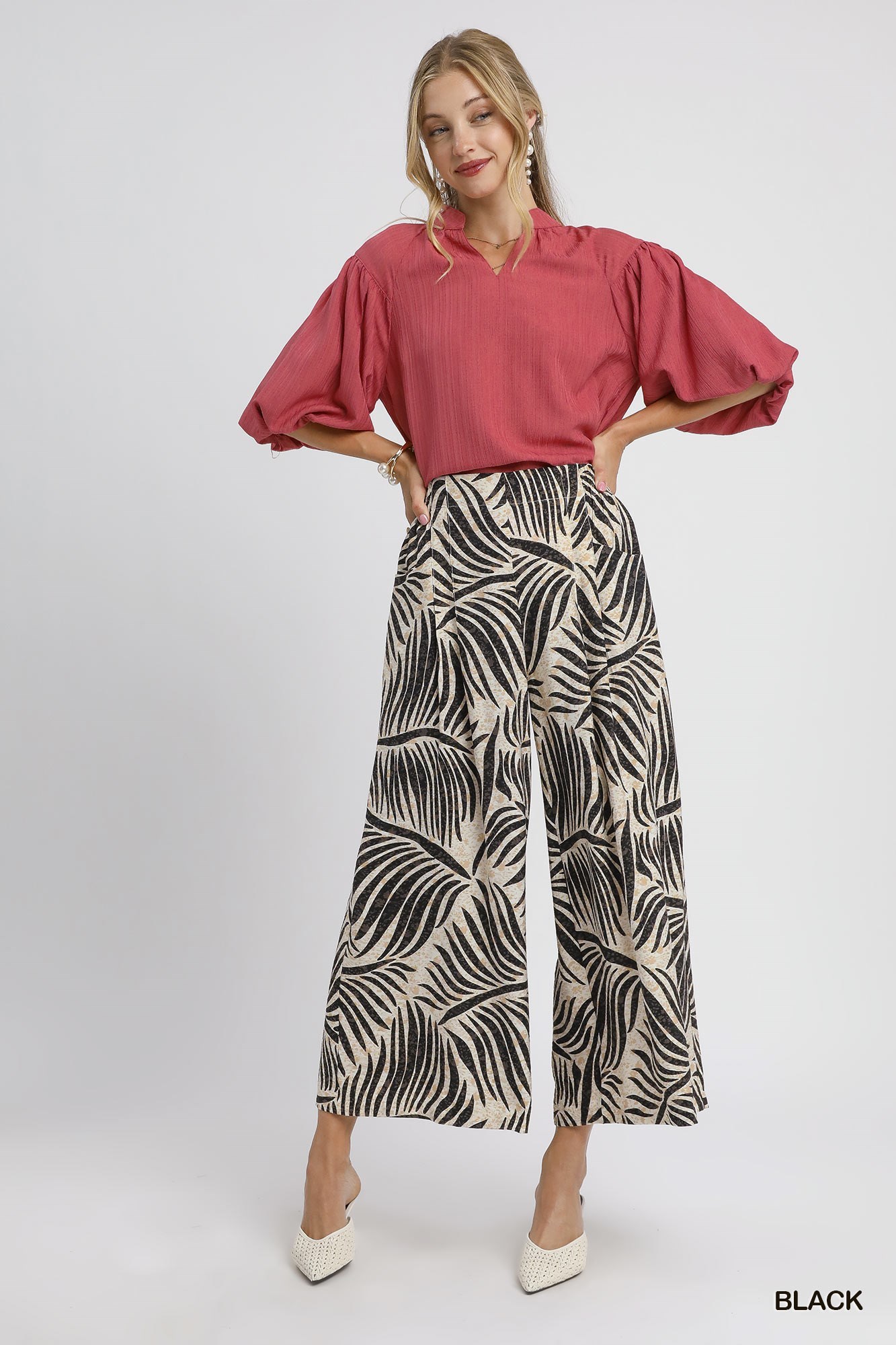 Umgee Palm Leaf Print Wide Leg Culotte Pants