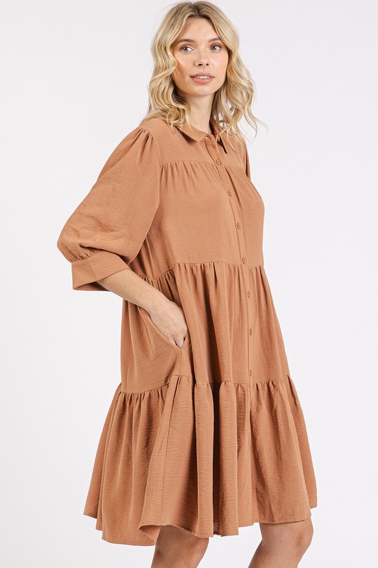 Button Detail Collared Neck Tiered Shirt Dress