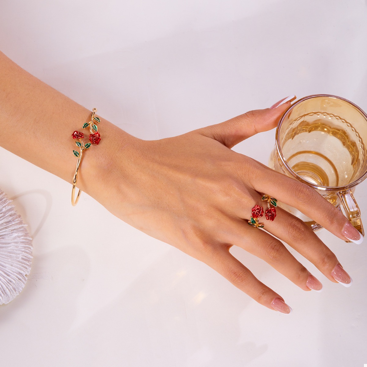 Rose Bypass Ring and Bracelet Jewelry Set