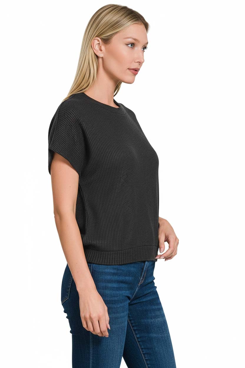 Round Neck Banded Botton Short Sleeve Sweater