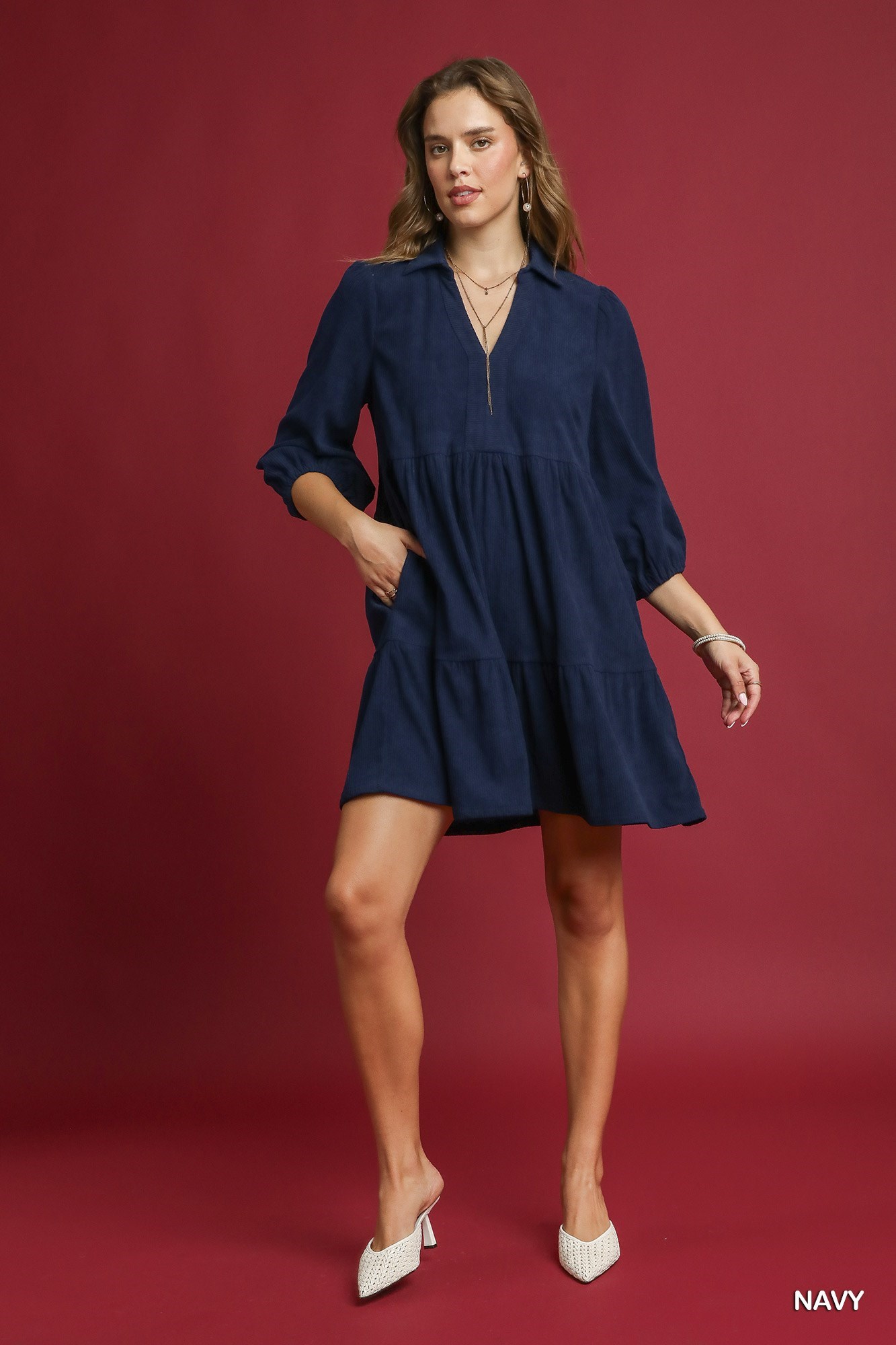 Umgee Tiered Corduroy Mini Dress with Balloon Sleeves