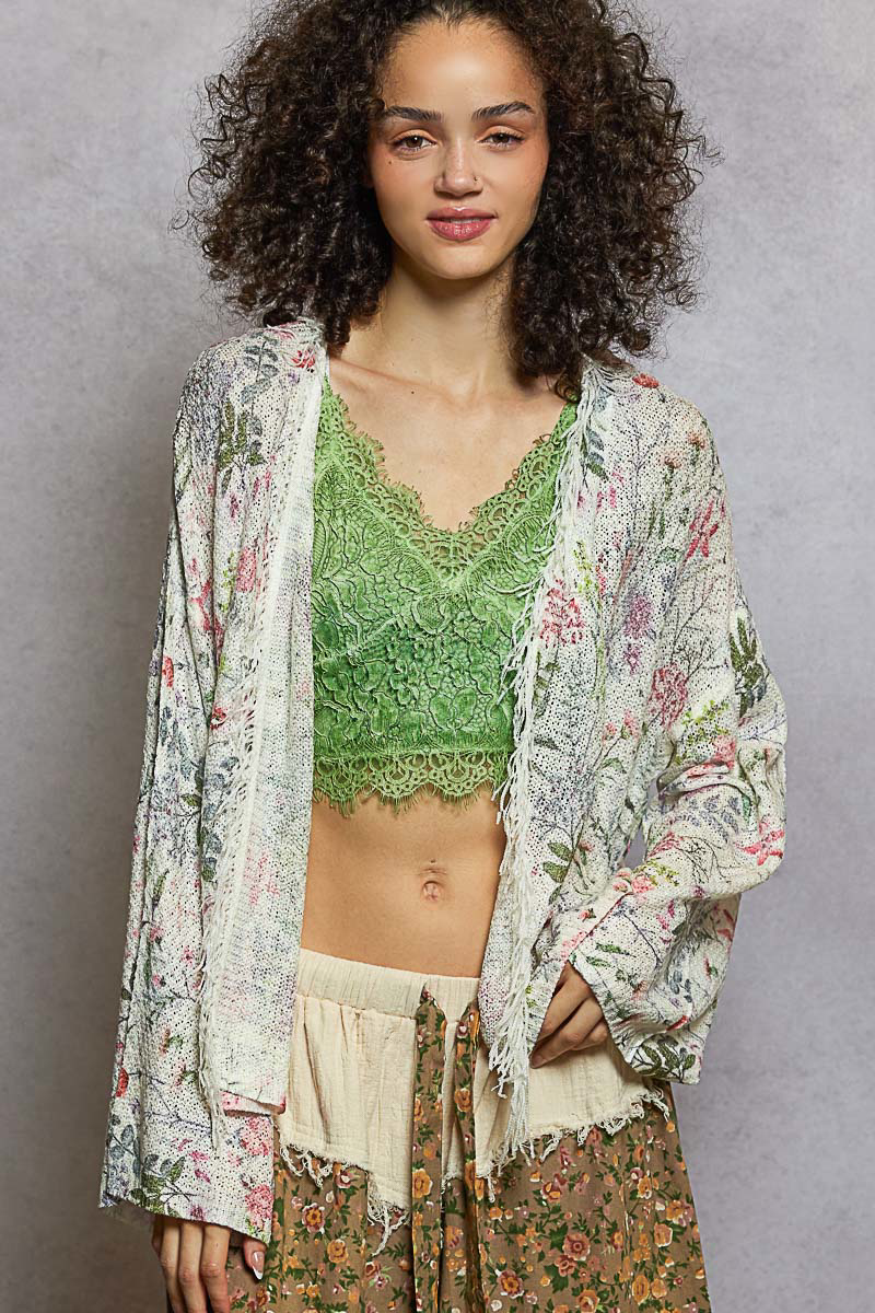 Open Front Floral Cardigan with Center Open Fringe