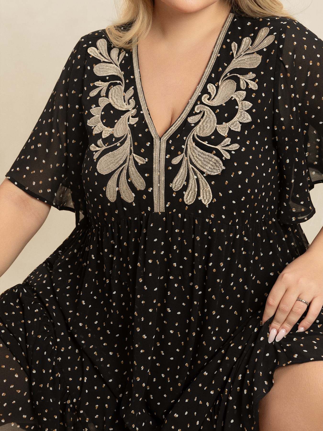 Plus Size Printed V-Neck Flutter Sleeve Maxi Dress