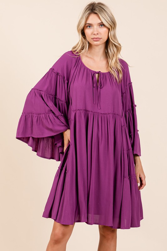 Frill Tie Neck Bell Sleeve Dress