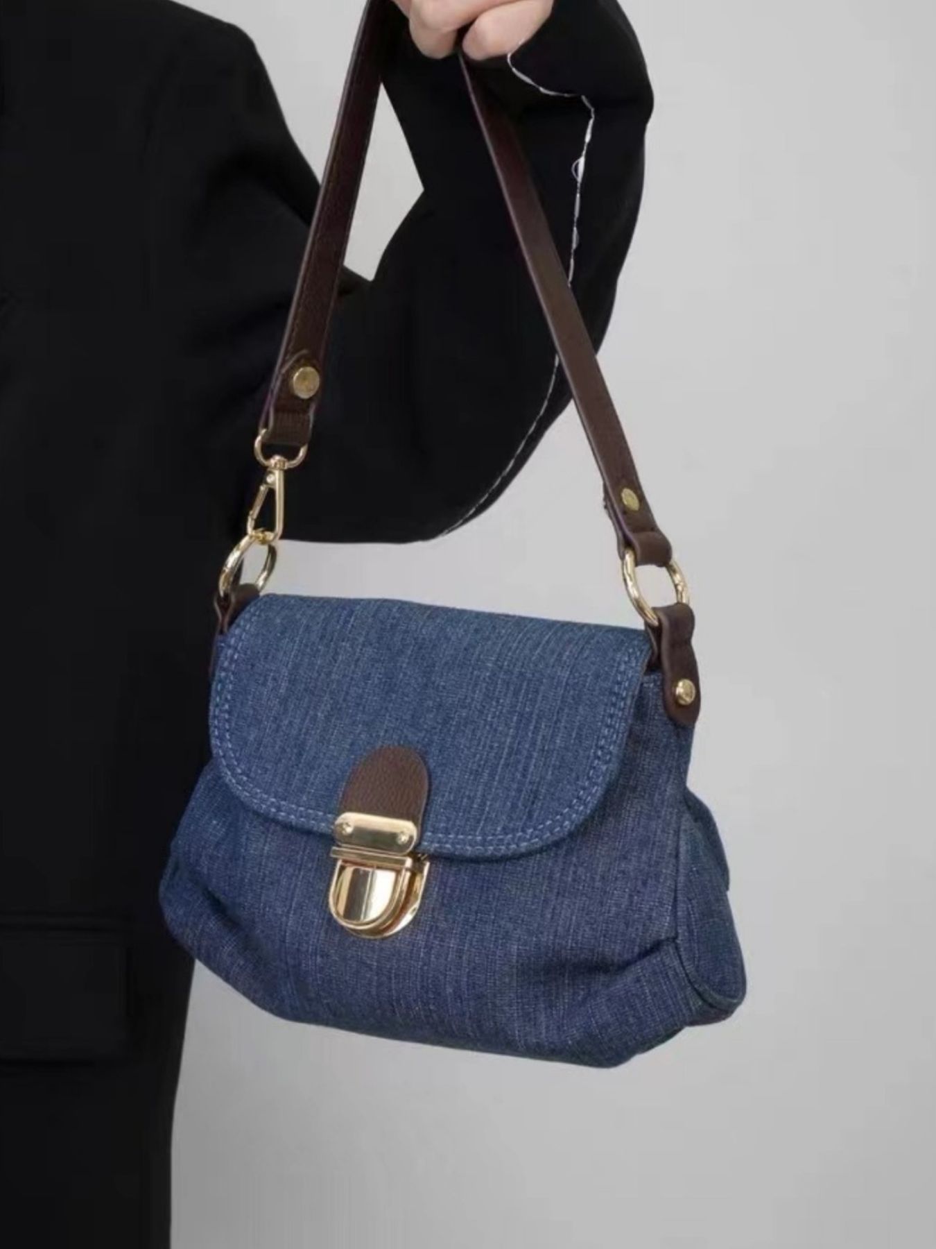 Denim Flap Shoulder Bag with Golden Clasp