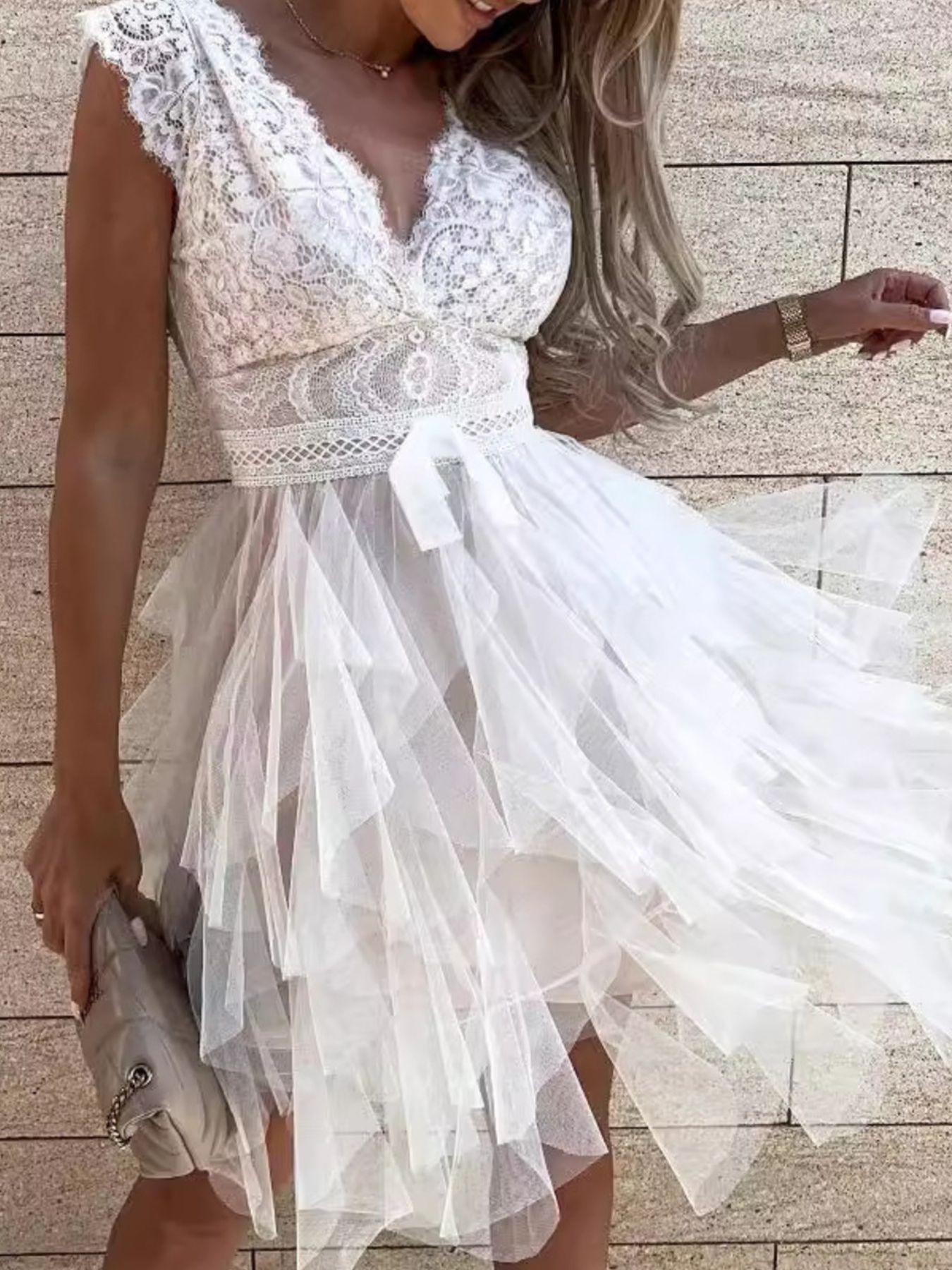 Lace V-Neck Ruffle Dress