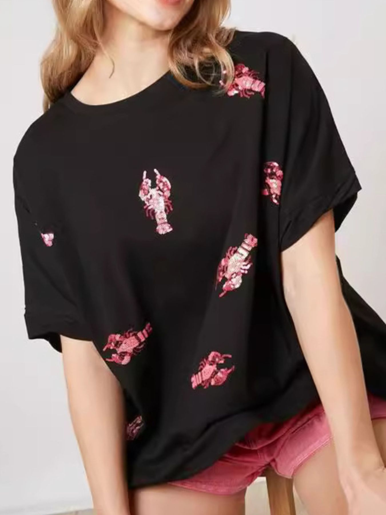 Sequin Lobster Round Neck T-Shirt
