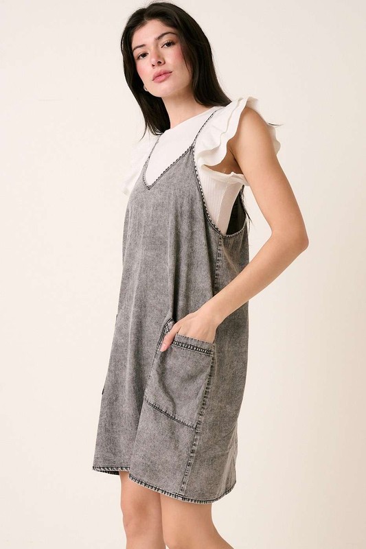 Washed Patch Pocket Mini Cami Denim Dress