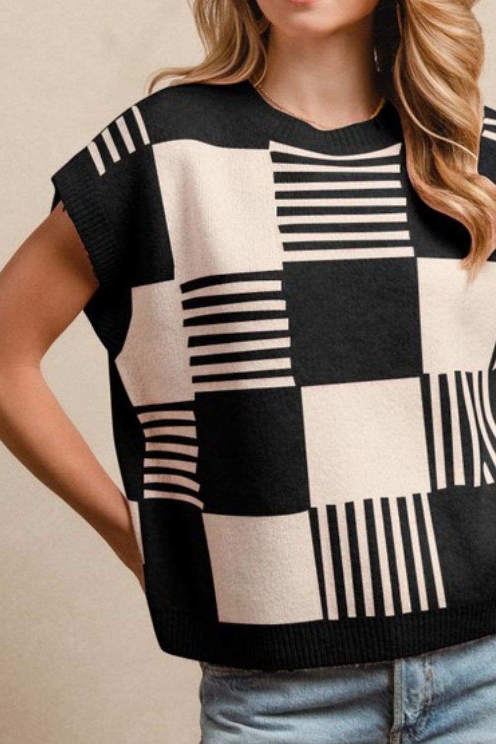 Checker With Stripes Pattern Sleeveless Sweater