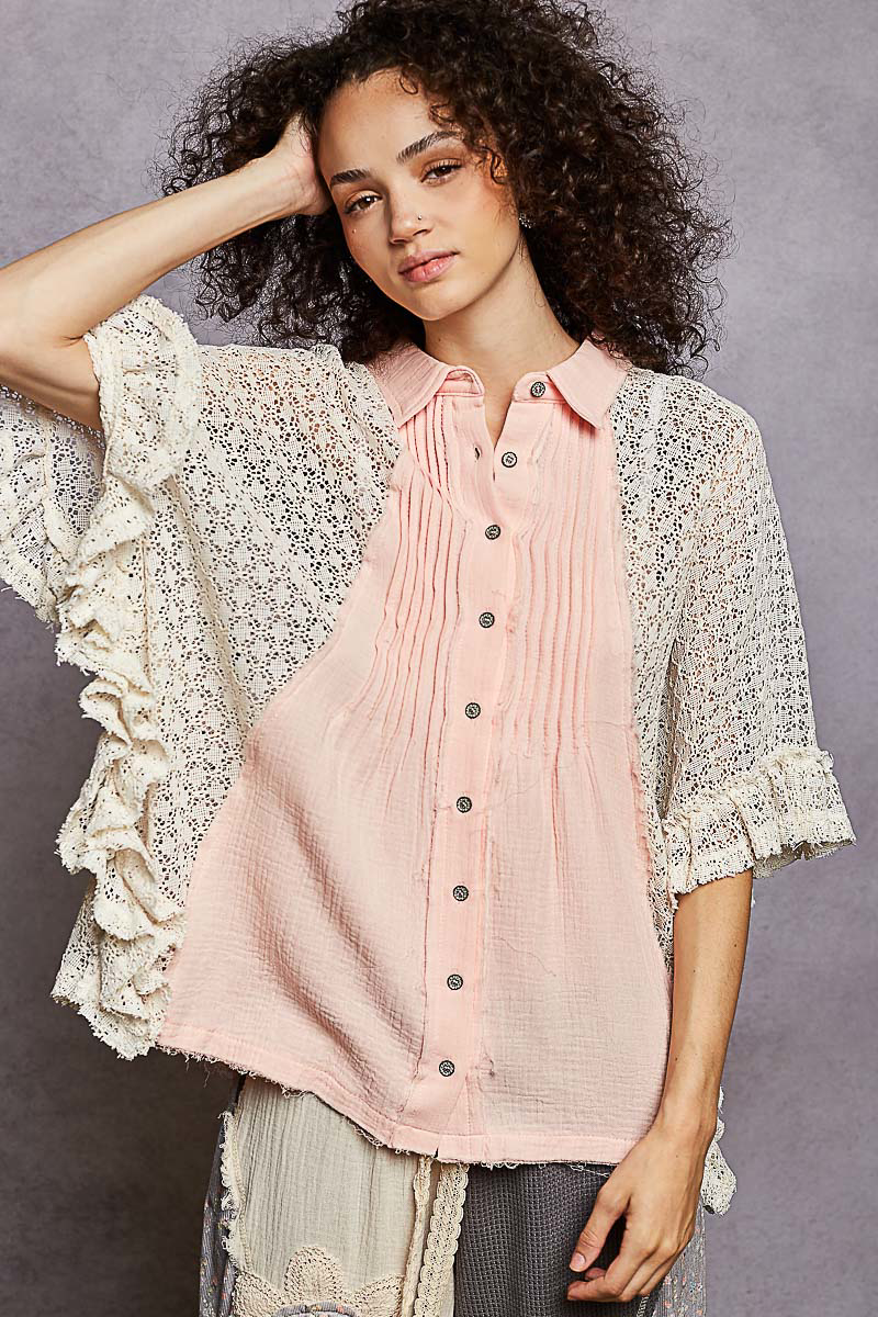 Button Down Front Pleated Shirt with Crochet Patch