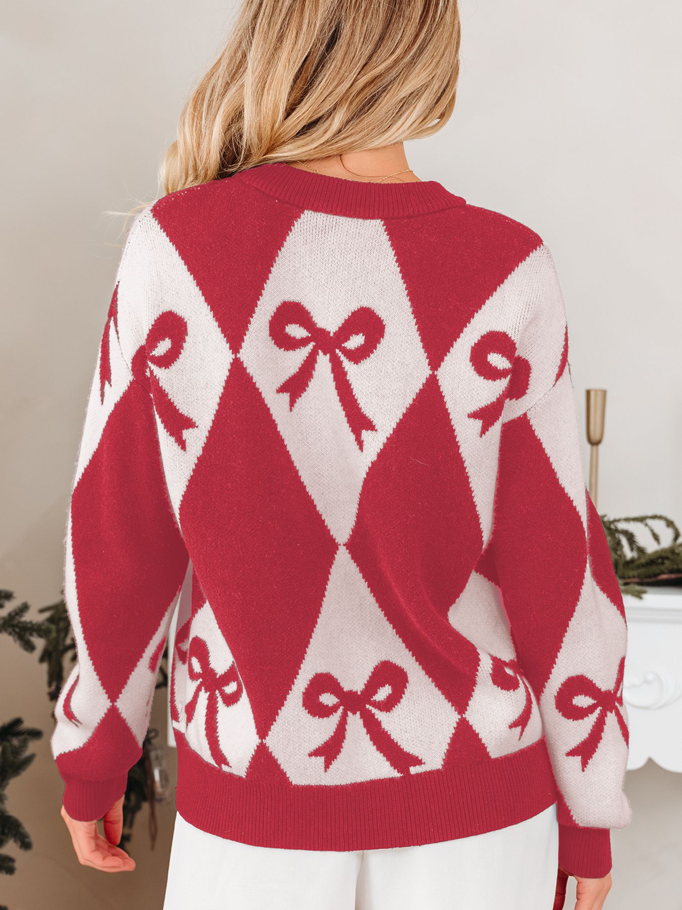 Bow Print 2-Tone Rhombus Knit Loose Sweater