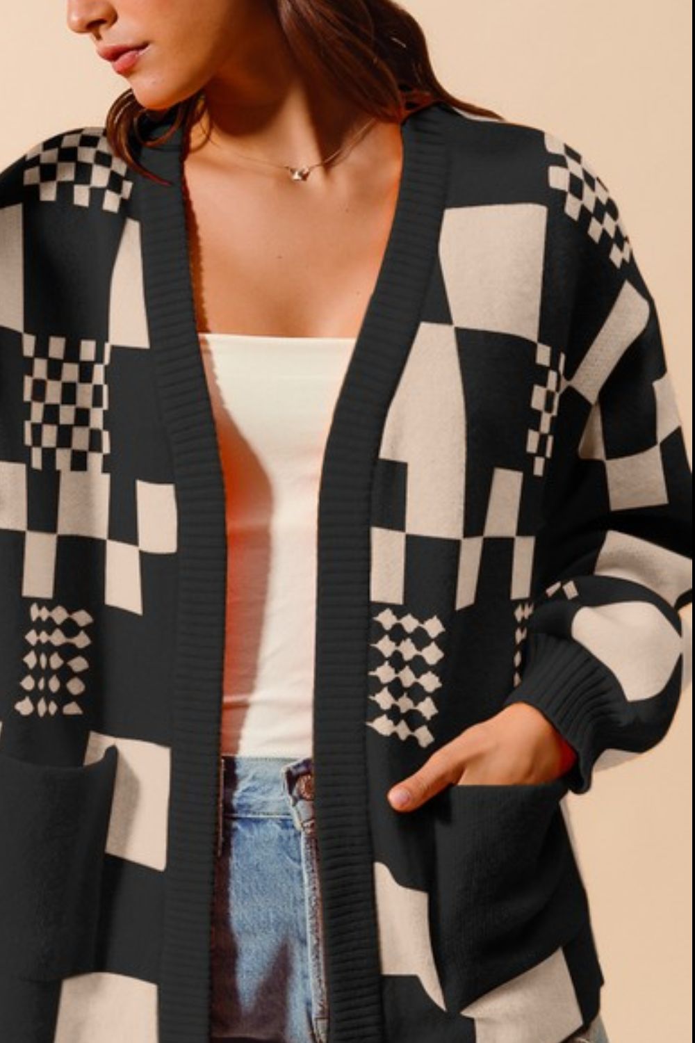 Checkered Open Front Cardigan with Pockets