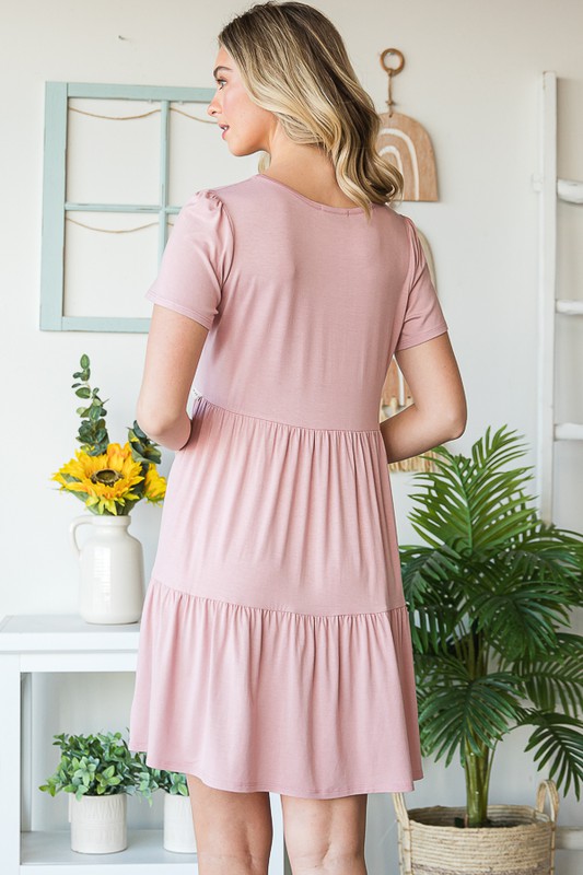 Full Size Solid Mini Tiered Dress with Pompom Lace Plus Size