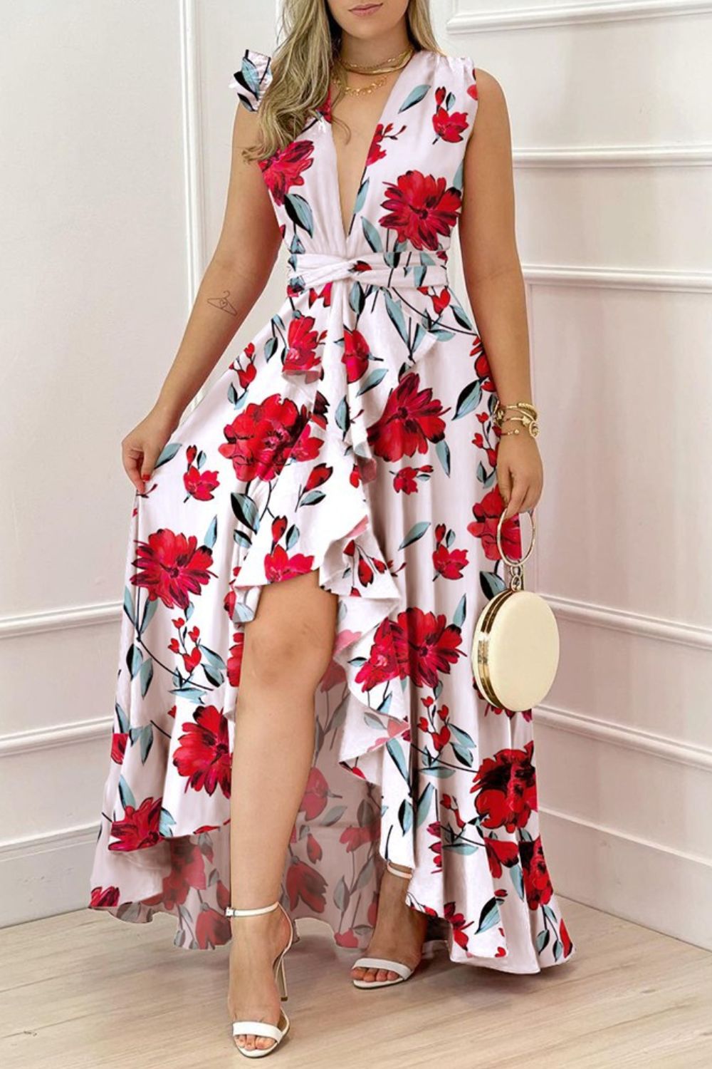 Ruffled Plunge Sleeveless Maxi Dress