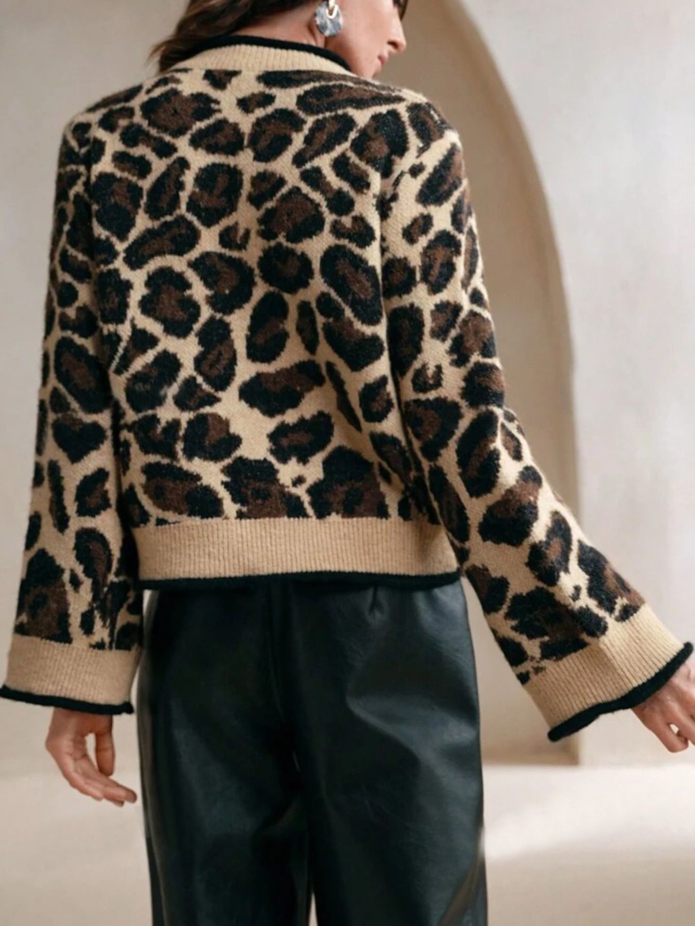 Leopard Print Bow-Tie Front Cropped Cardigan