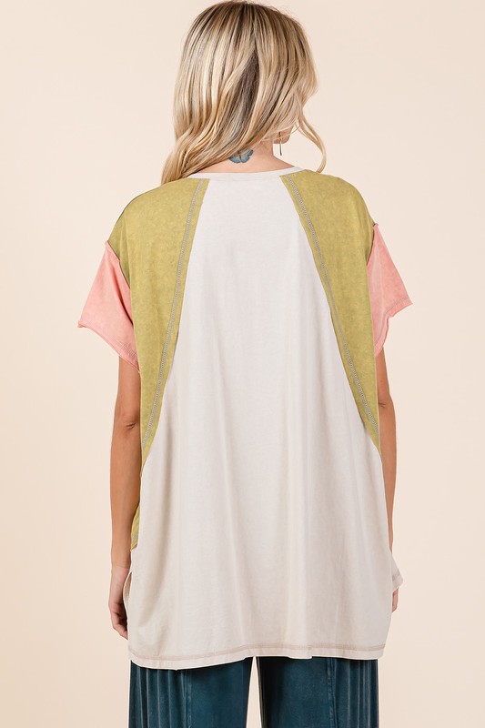 Color Block V-Neck Short Sleeve T-Shirt