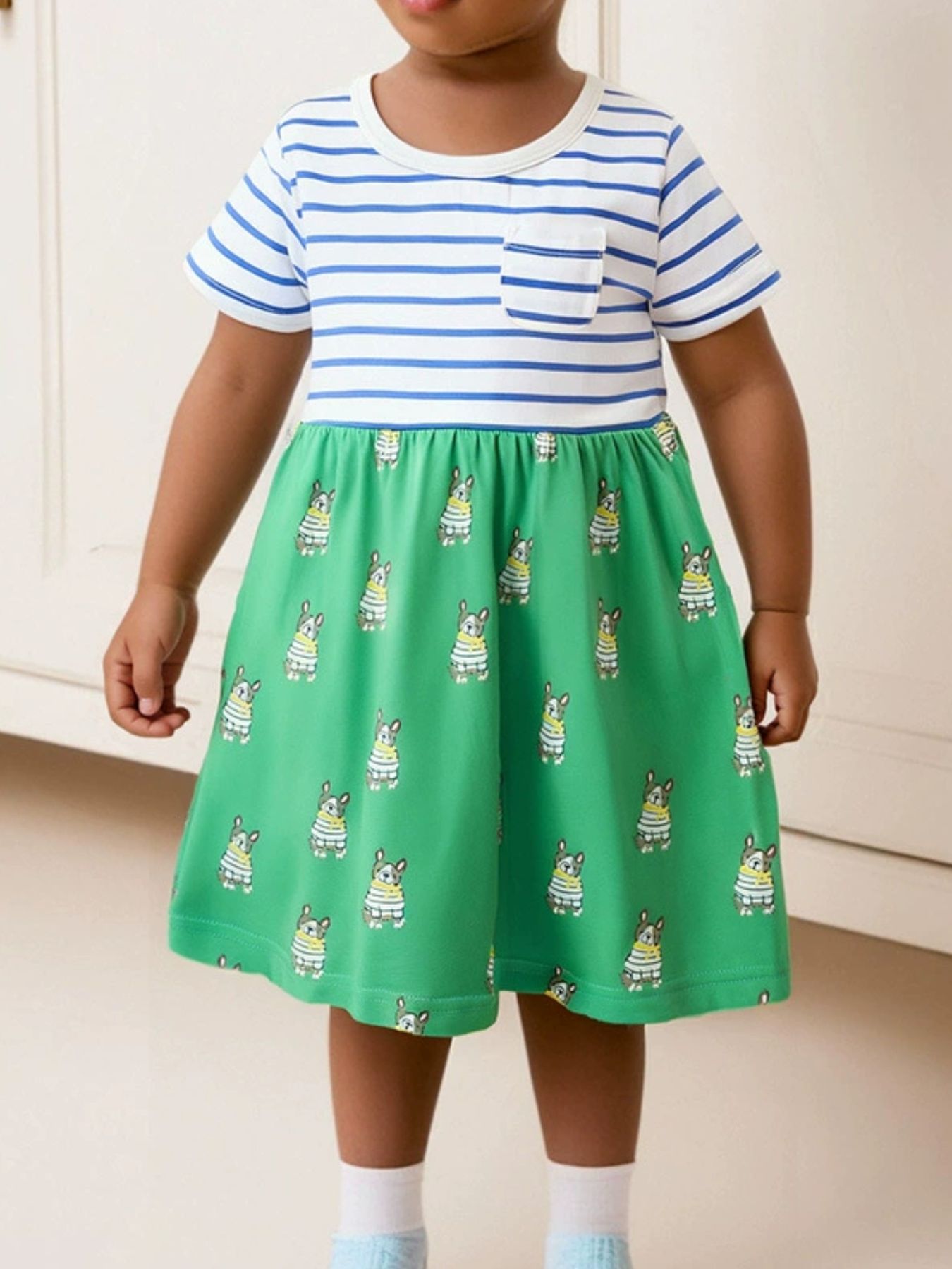 Children's Striped Dog Print Short Sleeve Dress 1