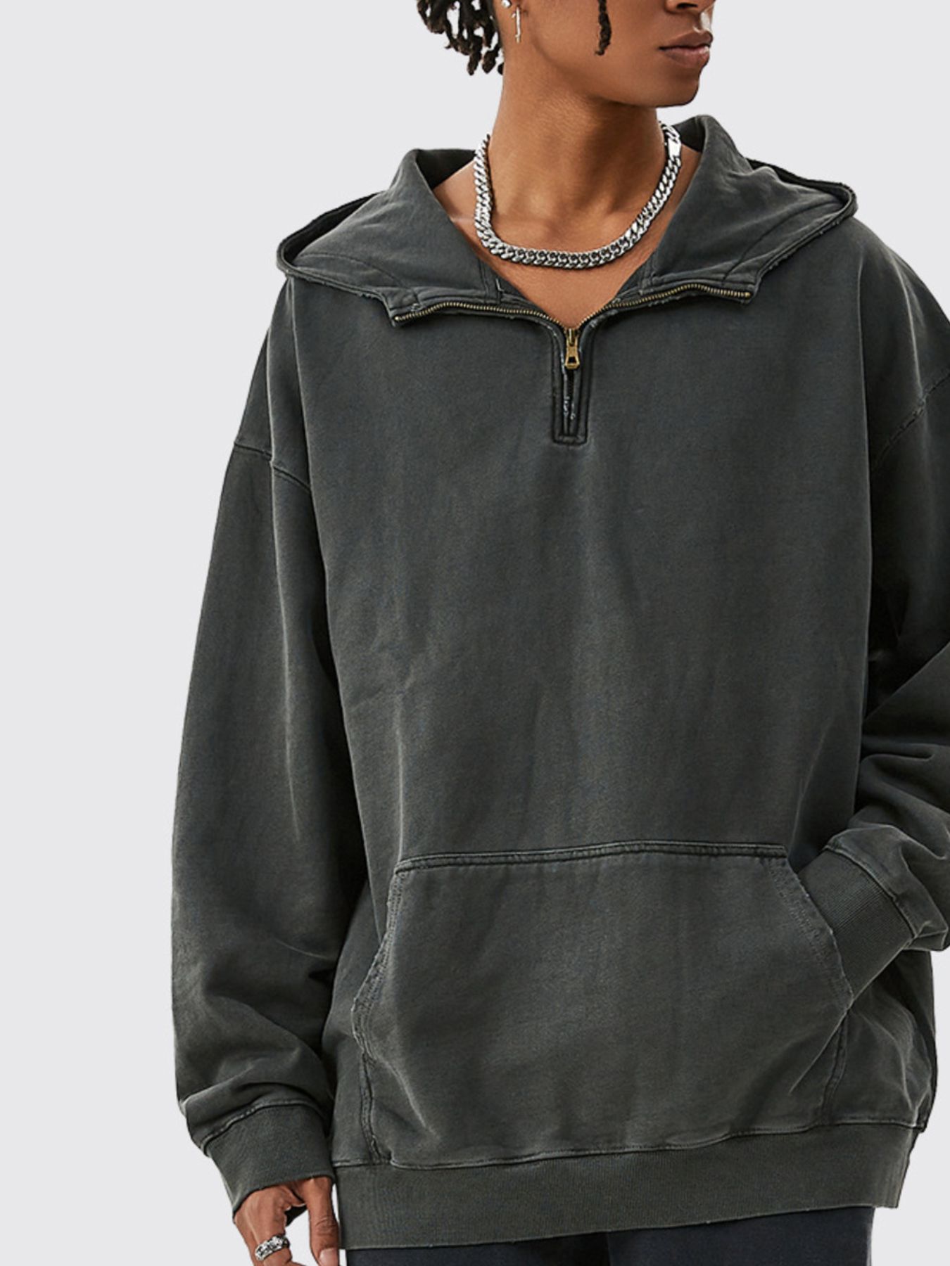 Men's Washed Quarter-Zip Hoodie with Kangaroo Pocket