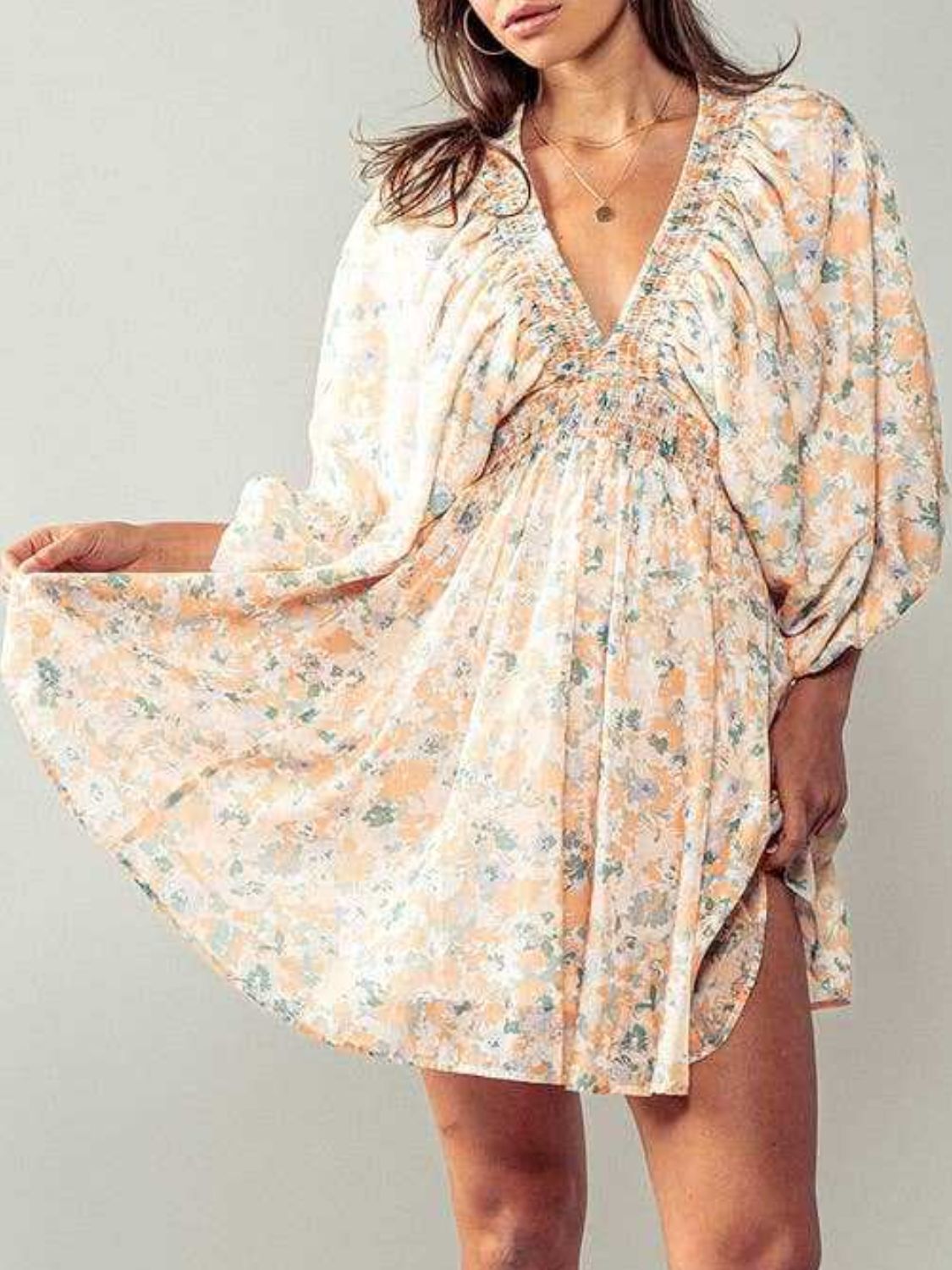 Floral V-Neck Balloon Sleeve Dress
