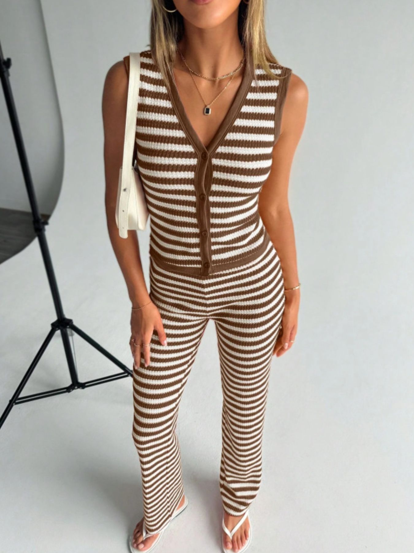 Striped Knit Sleeveless Top and Pants Set