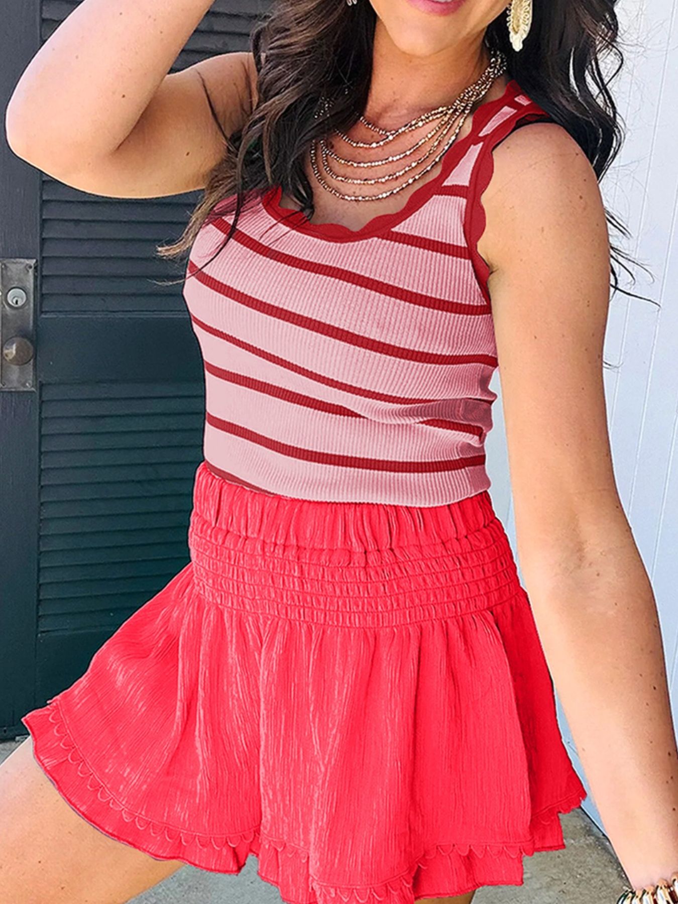 Stripe Scalloped Edge Crew Neck Knit Tank Top